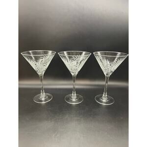 Rolf Emerald Green Clear Etched Fern Leaves 10 oz Set of 3 Martini Glasses 7.5"